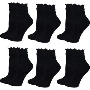 Black Ruffle Socks for Women 6 Pairs Cute Frilly Cotton Knit Casual Crew